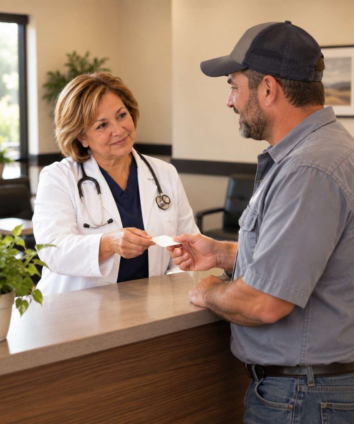 Certified medical examiner handing a driver his medical card at the front desk